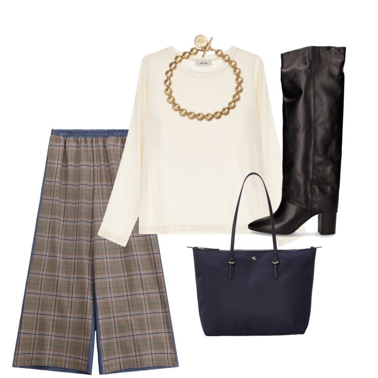 Outfit donna - Total look #2247487. Stile Urban per Tutti i giorni. Abbinamento con pantaloni a palazzo, maglieria, borse tote, braccialetti, stivali.