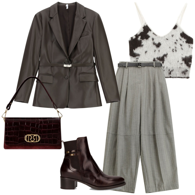 Outfit donna - Total look #2247488. Stile Glamour per Serata fuori. Abbinamento con borse a mano, blazer, pantaloni, top, stivaletti.