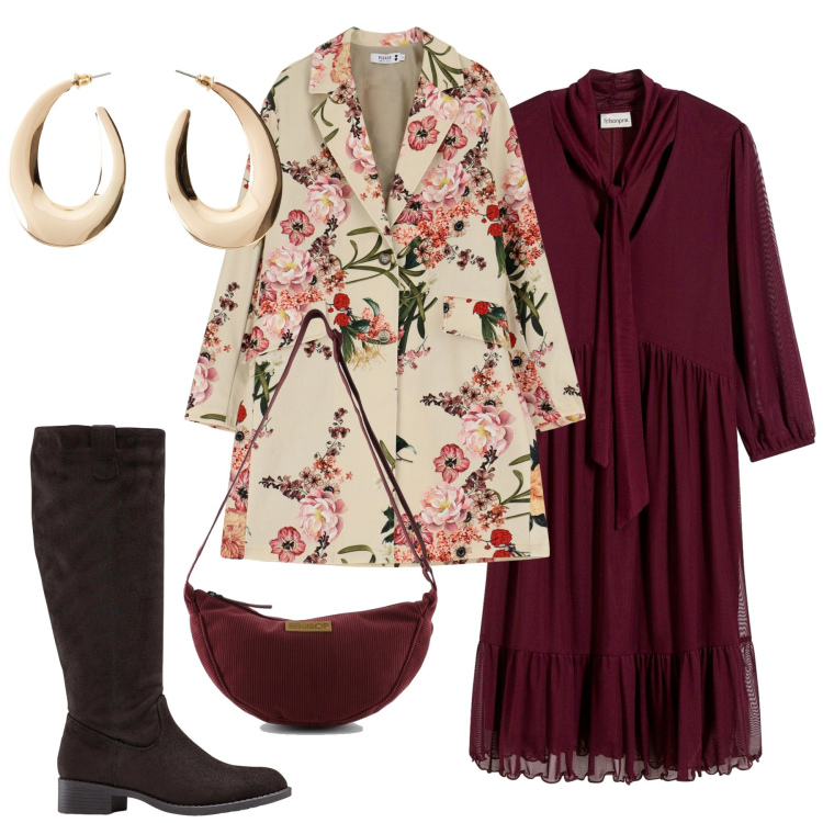 Outfit donna - Total look #2247490. Stile Glamour per Ufficio. Abbinamento con stivali, orecchini, vestiti, trench, borse a tracolla.