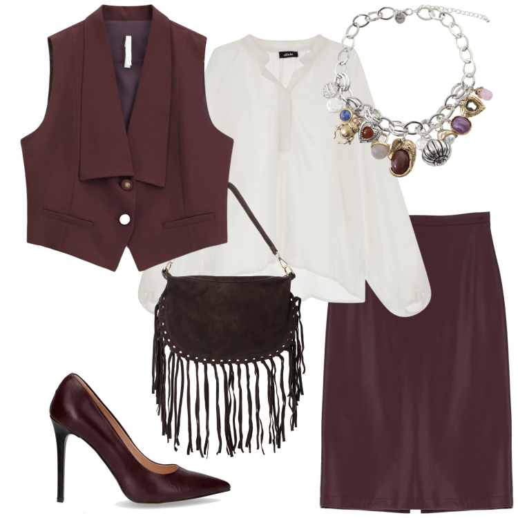Outfit donna - Total look #2247492. Stile Romantica per Serata fuori. Abbinamento con gilet, gonne longuette, camicie, borse a tracolla, braccialetti con ciondoli, décolleté.