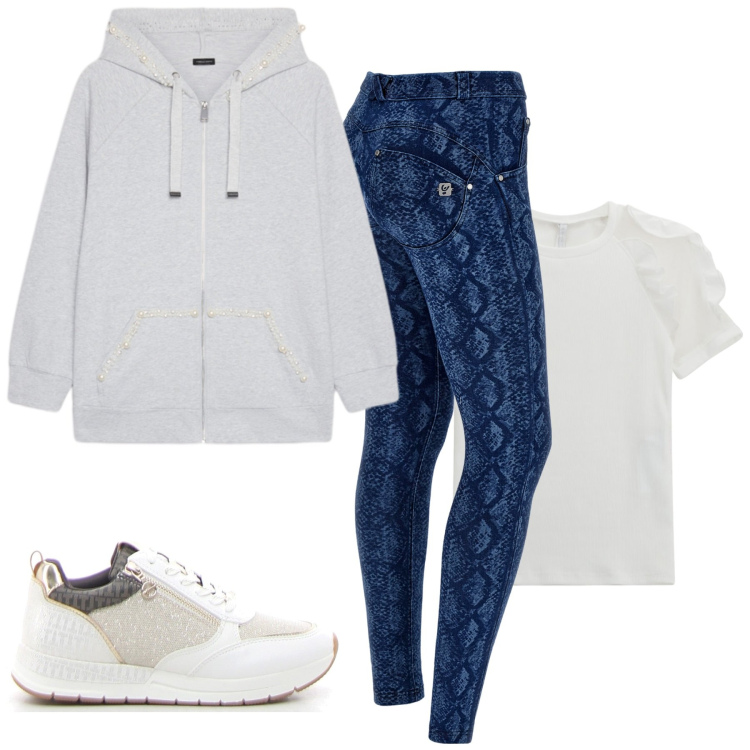 Outfit donna - Total look #2247496. Stile Sporty chic per Sport. Abbinamento con t-shirt, jeans skinny, felpe con cappuccio, sneakers alte.