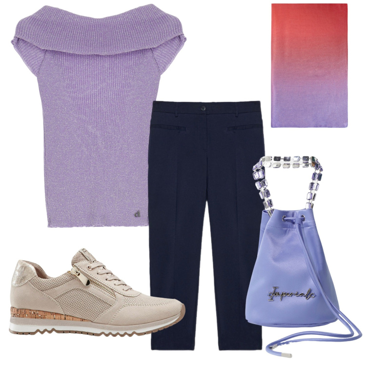 Outfit donna - Una giornata tranquilla. Stile Casual per Tutti i giorni. Abbinamento con sneakers, borse a secchiello, pullovers, pantaloni, stole.