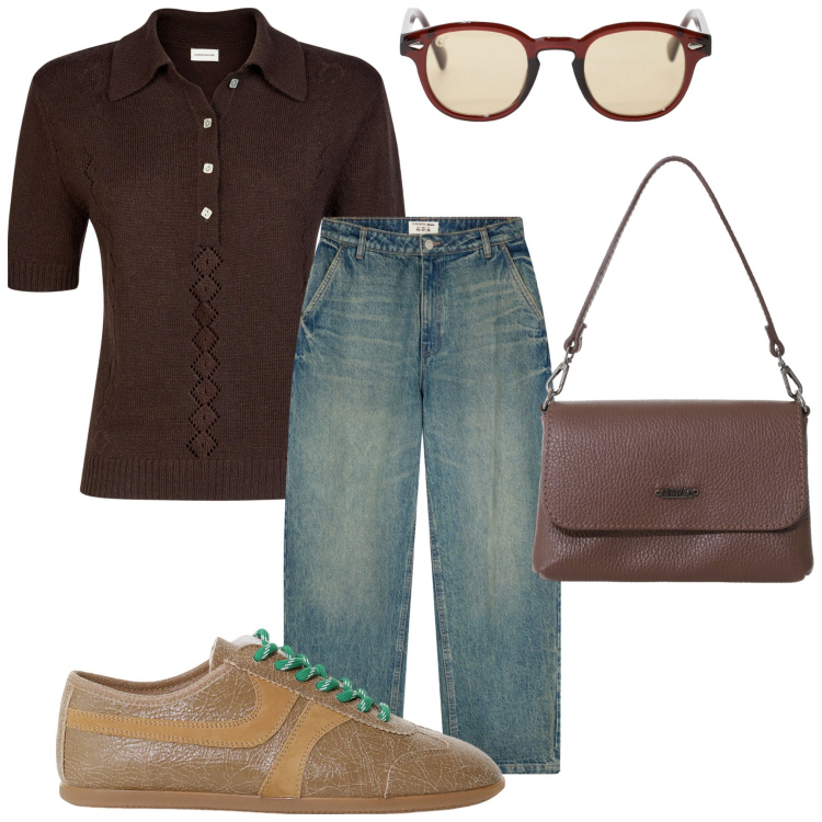 Outfit donna - Coordinata. Stile Basic per Tutti i giorni. Abbinamento con jeans, occhiali da sole, sneakers, borse a tracolla, polo.