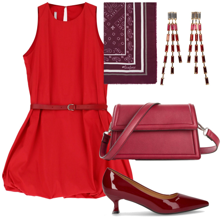 Outfit donna - Red lady. Stile Glamour per Serata fuori. Abbinamento con orecchini, borse a tracolla, vestiti corti, décolleté, foulard.