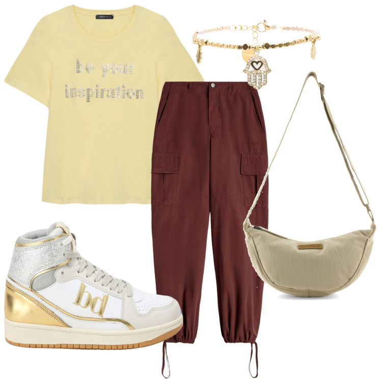 Outfit donna - Oggi comoda. Stile Basic per Tutti i giorni. Abbinamento con pantaloni cargo, braccialetti, sneakers alte, t-shirt, borse a tracolla.