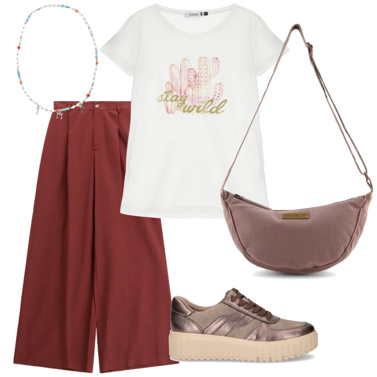 Outfit donna - Semplice e comoda. Stile Casual per Tutti i giorni. Abbinamento con t-shirt, collane, pantaloni, borse a tracolla, sneakers.
