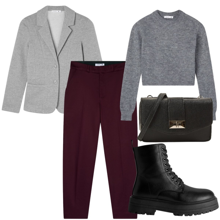 Outfit donna - Terranova mezza stagione. Stile Basic per Tutti i giorni. Abbinamento con pantaloni chino, anfibi, blazer, borse a tracolla, maglieria.
