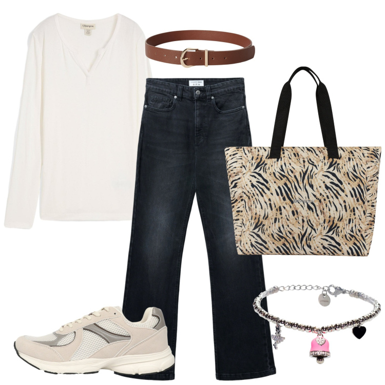 Outfit donna - A fare shopping. Stile Casual per Tutti i giorni. Abbinamento con maglieria, cinture, jeans bootcut, sneakers, shopping bag, braccialetti.