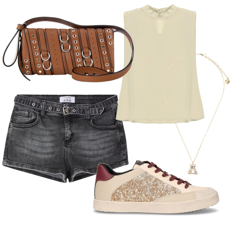 Outfit donna - Pomeriggio al parco. Stile Minimal per Tutti i giorni. Abbinamento con shorts, borse a spalla, ciondoli, top, sneakers.