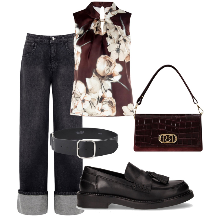 Outfit donna - Si riprende. Stile Casual chic per Ufficio. Abbinamento con jeans, top, borse a mano, cinture, mocassini.