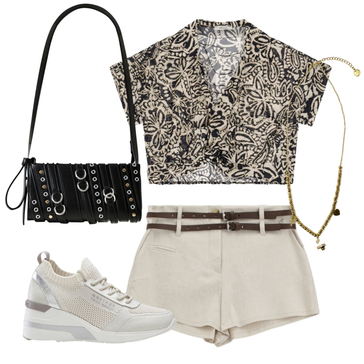 Outfit donna - Pomeriggio al parco 2. Stile Minimal per Tutti i giorni. Abbinamento con sneakers, borse a spalla, ciondoli, top, shorts.