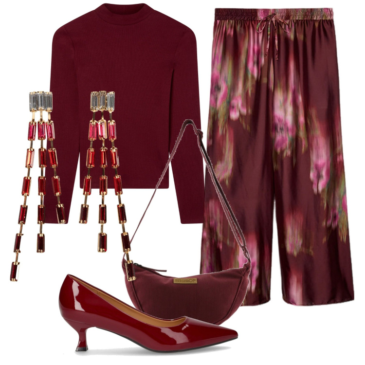 Outfit donna - One color. Stile Glamour per Ufficio. Abbinamento con orecchini, t-shirt, pantaloni a palazzo, décolleté, borse a tracolla.