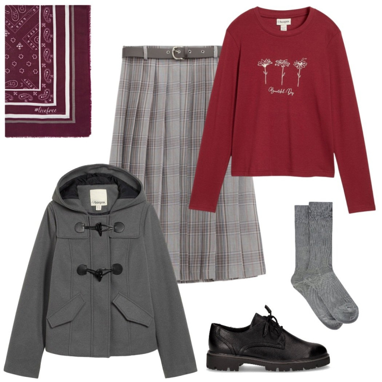 Outfit donna - Maxi gonna. Stile Trendy per Tutti i giorni. Abbinamento con montgomery, maglieria, gonne, scarpe stringate, calzini, foulard.