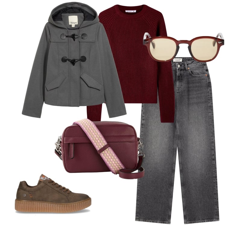 Outfit donna - Autunno. per Tutti i giorni. Abbinamento con borse a tracolla, montgomery, jeans, maglieria, occhiali da sole, sneakers.