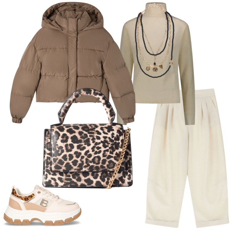 Outfit donna - Freddo. per Tutti i giorni. Abbinamento con bomber, borse a tracolla, pantaloni, pullovers, collane, sneakers.