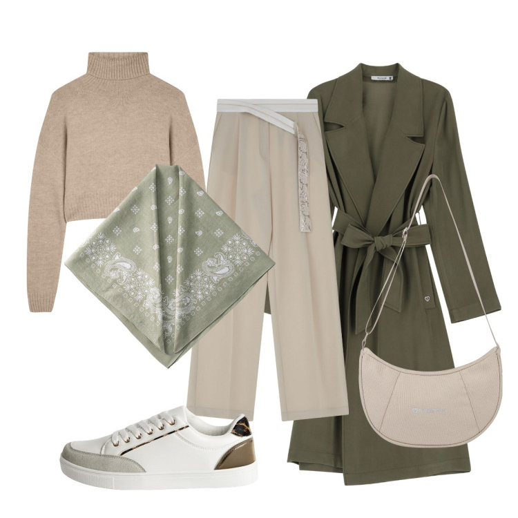 Outfit donna - Semplice con eleganza. Stile Chic per Scuola/Università. Abbinamento con maglieria, sneakers, trench, pantaloni, borse a spalla, foulard.