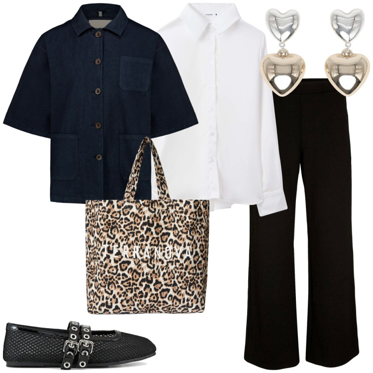 Outfit donna - Domenica mattina. per Tutti i giorni. Abbinamento con pantaloni a palazzo, orecchini, camicie, borse tote, ballerine, blazer.