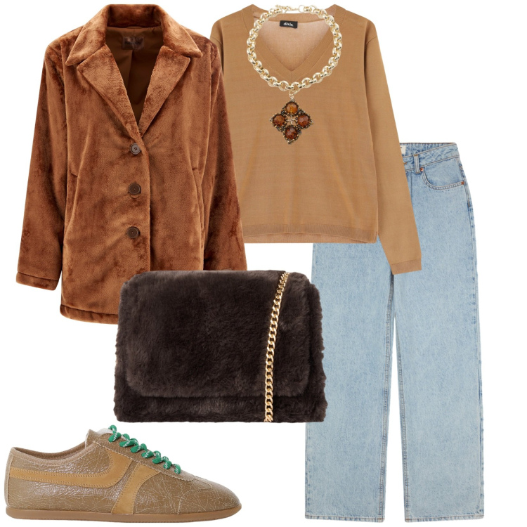 Outfit donna - Pelliccia e camoscio. per Tutti i giorni. Abbinamento con jeans, borse a tracolla, cappotti, sneakers, pullovers, collane.