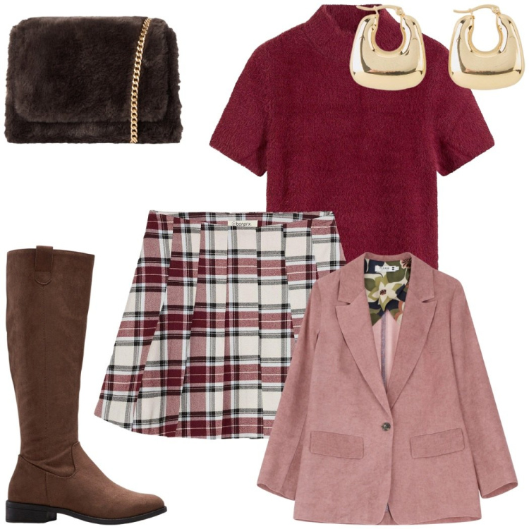 Outfit donna - Le vie del bordeaux. Stile Trendy per Tutti i giorni. Abbinamento con maglieria, stivali, orecchini, gonne, borse a tracolla, blazer.