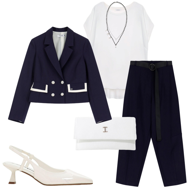 Outfit donna - Classico bianco e blu. Stile Casual chic per Cerimonia. Abbinamento con décolleté, blazer, pantaloni, borse a tracolla, collane, bluse.