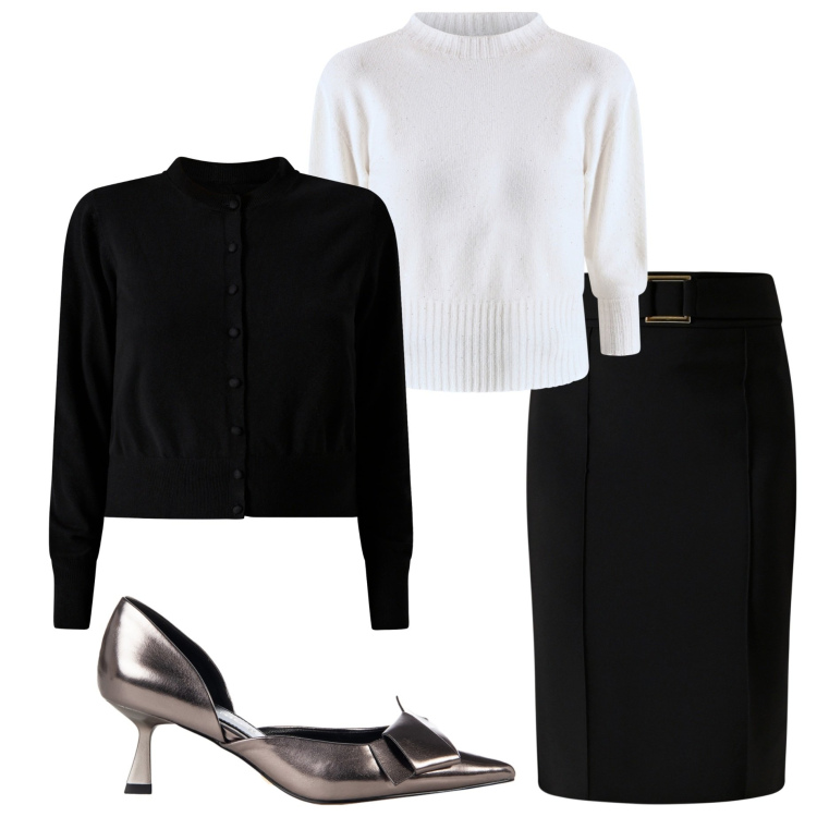 Outfit donna - Bianco e nero in ufficio. Stile Bon Ton per Ufficio. Abbinamento con cardigans, décolleté, gonne, maglieria.