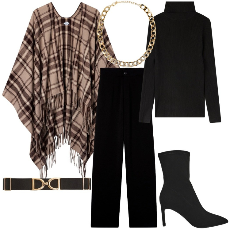 Outfit donna - Mantella scozzese. Stile Glamour per Tutti i giorni. Abbinamento con pantaloni, stivali, collane, cinture, cappotti, maglieria.
