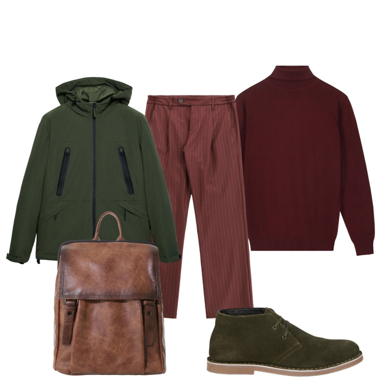 Outfit uomo - L’autunno avanza. Stile Trendy per Tutti i giorni. Abbinamento con giacche, borse sportive, pantaloni, stivali e stivaletti, maglieria.