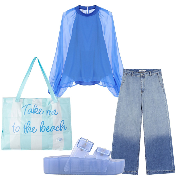 Outfit donna - Ancora estate. Stile Glamour per Tutti i giorni. Abbinamento con borse tote, camicie, jeans, sandali.