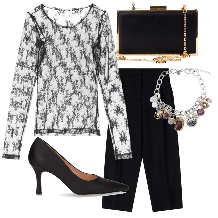 Outfit donna - Classica ed elegante. Stile Chic per Serata fuori. Abbinamento con pochette, maglieria, pantaloni, braccialetti con ciondoli, décolleté.