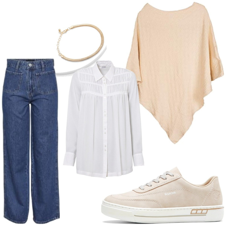 Outfit femme - Poncho de septembre. Style Urban pour Tous les jours. Assortir avec sneakers, tuniques, manteaux, jeans mom, bracelets.