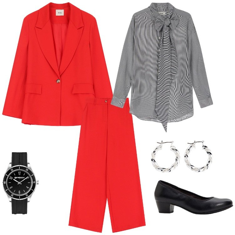 Outfit donna - OUTFIT AGENZIA DI SICUREZZA_receptionist. Stile Casual chic per Ufficio. Abbinamento con orecchini, décolleté, orologi, blazer, pantaloni a palazzo, camicie.