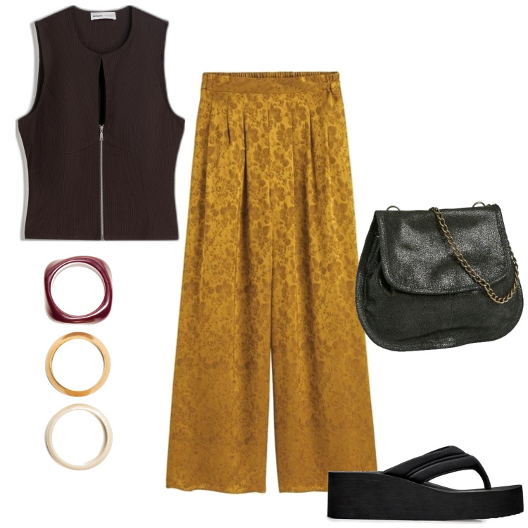 Outfit mujer - años 70 #304. Estilo años 70 para Todos los días. Combinación con pulseras, bolsos de mano, top, pantalones, sandalias.