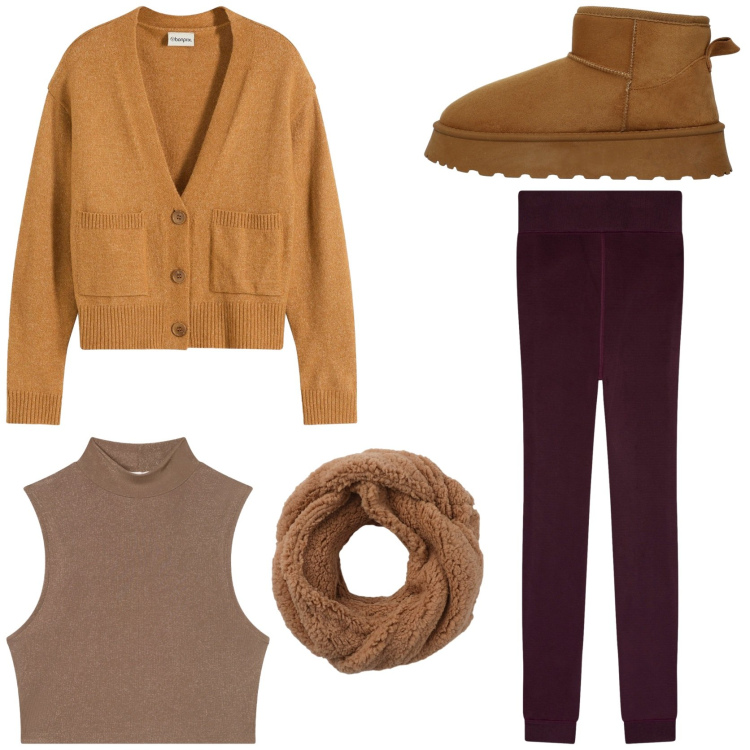 Outfit donna - Loungewear. Stile Casual per Tutti i giorni. Abbinamento con cardigans, canottiere, stivali, sciarpe, leggings.