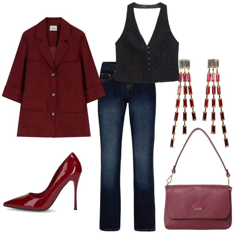 Outfit donna - Total Look, settembre. Stile Urban per Tutti i giorni. Abbinamento con jeans dritti, orecchini, top, blazer, borse a tracolla, décolleté.