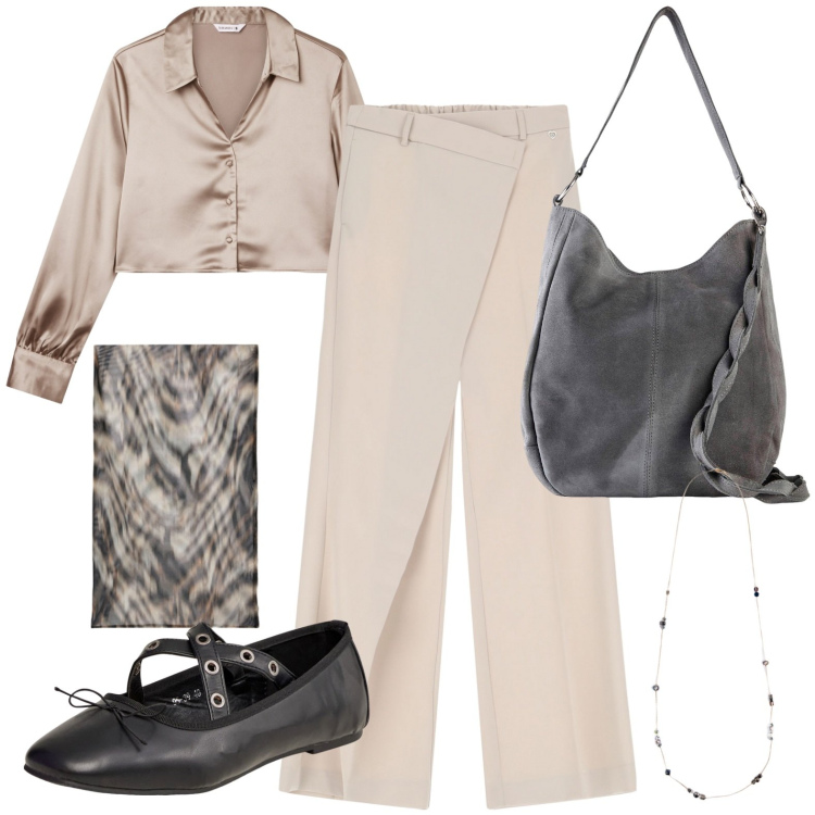 Outfit donna - La borsa grigia. Stile Casual chic per Ufficio. Abbinamento con borse a mano, camicie, ballerine, pantaloni, collane, foulard.