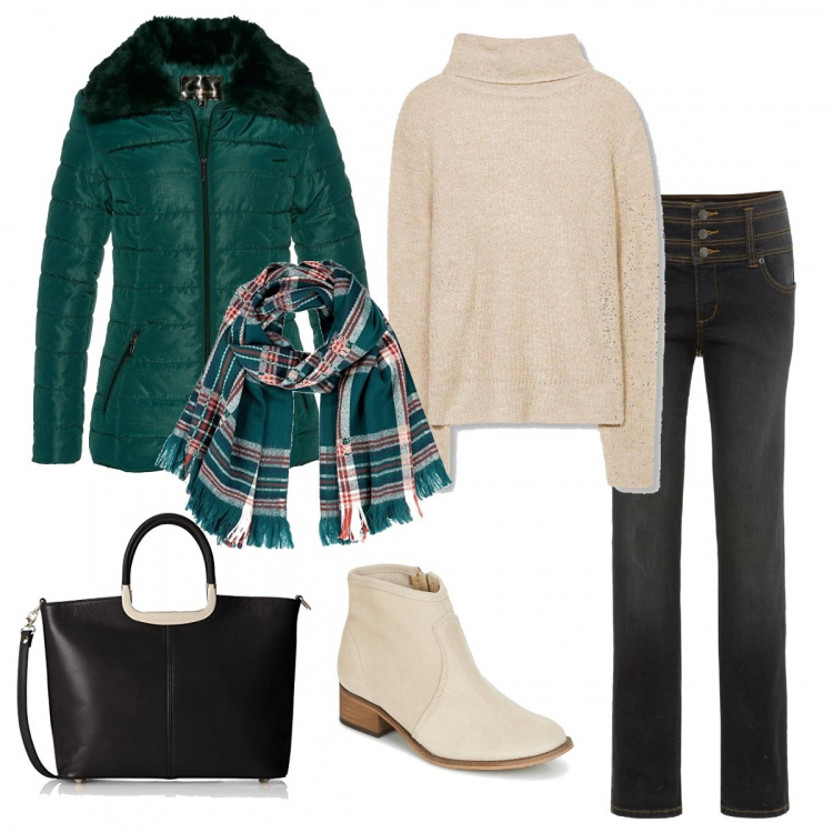 Outfit donna - Freddo non ti temo. Stile Basic per Scuola/Università. Abbinamento con maglieria, jeans elasticizzato aderente nero, stivaletti beige, felpa beige e grigio, sciarpa lunga, borsa a mano nero.