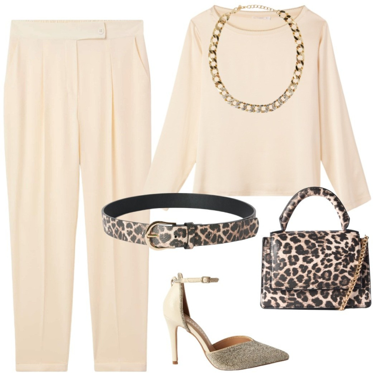 Outfit donna - Borsa e cintura coordinate. Stile Glamour per Serata fuori. Abbinamento con borse a tracolla, pantaloni chino, collane, décolleté, cinture, bluse.