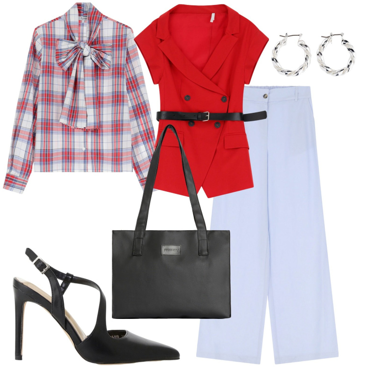 Outfit donna - Violet in red. Stile Casual chic per Ufficio. Abbinamento con orecchini, camicie, décolleté, blazer, shopping bag, pantaloni.