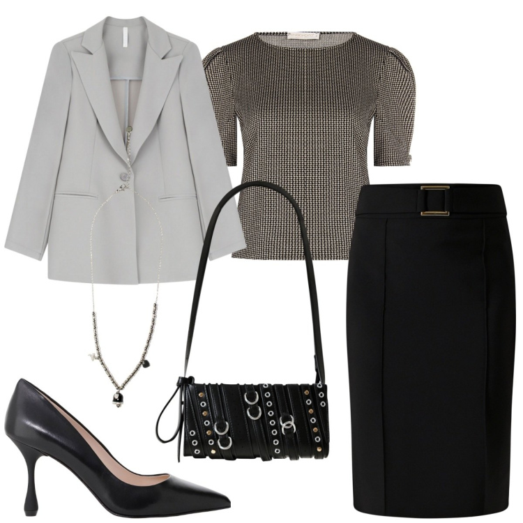 Outfit donna - Total Look, settembre. Stile Mannish per Tutti i giorni. Abbinamento con borse a spalla, gonne, bluse, blazer, ciondoli, décolleté.