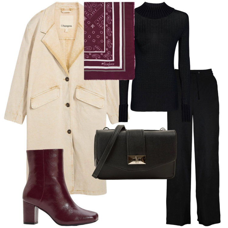 Outfit donna - In ufficio con il foulard. per Ufficio. Abbinamento con pantaloni a palazzo, trench, stivaletti, borse a tracolla, maglieria, foulard.