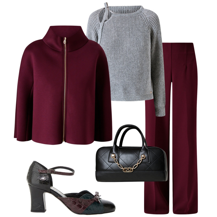 Outfit donna - Fall con Rinascimento. Stile Casual chic per Tutti i giorni. Abbinamento con pantaloni a palazzo, maglieria, borse a mano, cappe, décolleté.