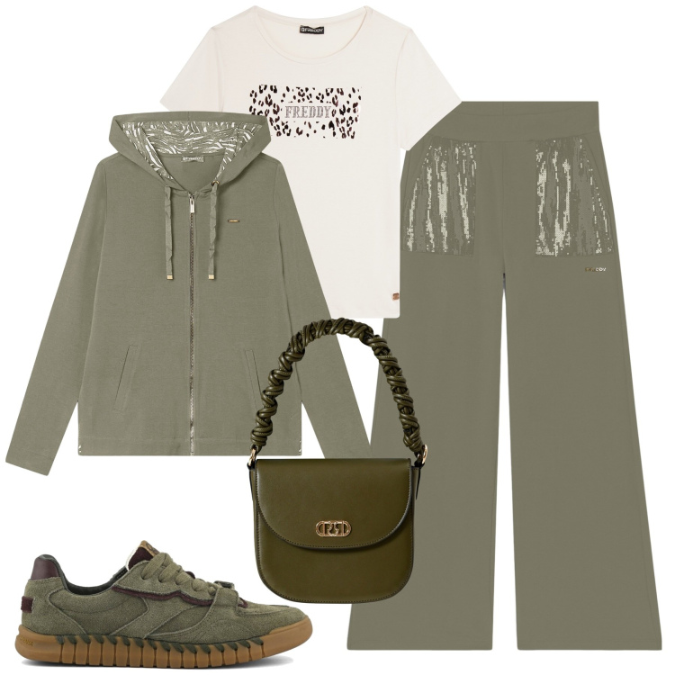 Outfit donna - Freddy. Stile Casual per Tutti i giorni. Abbinamento con borse a mano, felpe con cappuccio, pantaloni, t-shirt, sneakers.