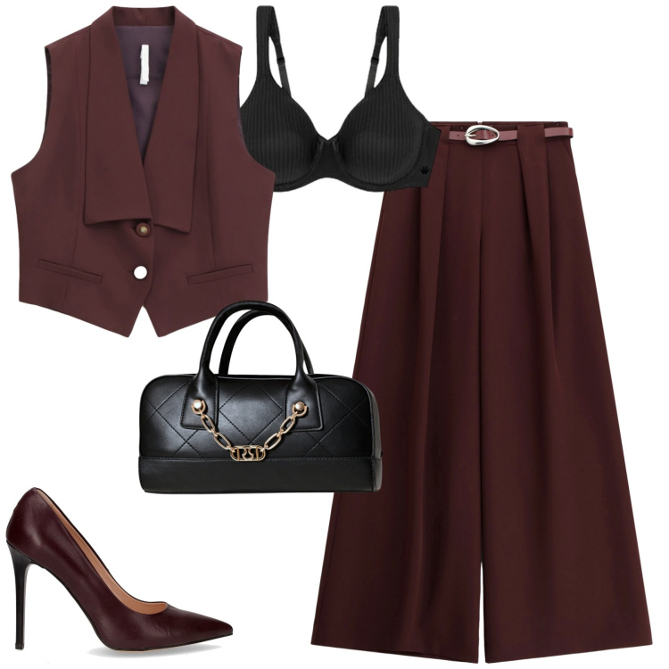 Outfit donna - City. Stile Urban per Tutti i giorni. Abbinamento con borse a mano, gilet, pantaloni a palazzo, reggiseni, décolleté.