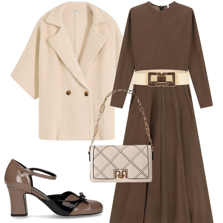 Outfit donna - Serata con amici. Stile Bon Ton per Serata fuori. Abbinamento con cardigans, cinture, borse a tracolla, vestiti lunghi, décolleté.