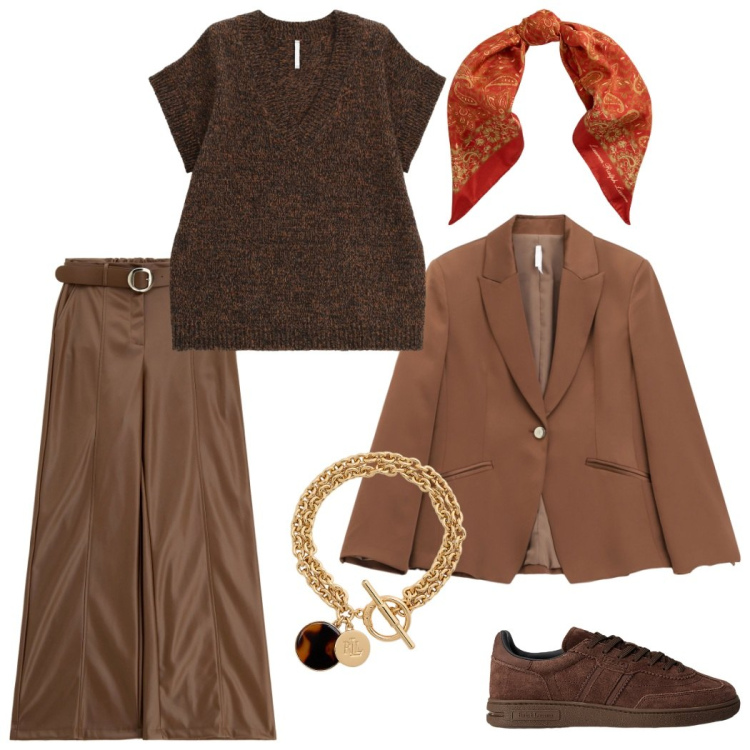 Outfit donna - Biscotto. Stile Urban per Tutti i giorni. Abbinamento con blazer, pantaloni, maglieria, foulard, braccialetti con ciondoli, sneakers.