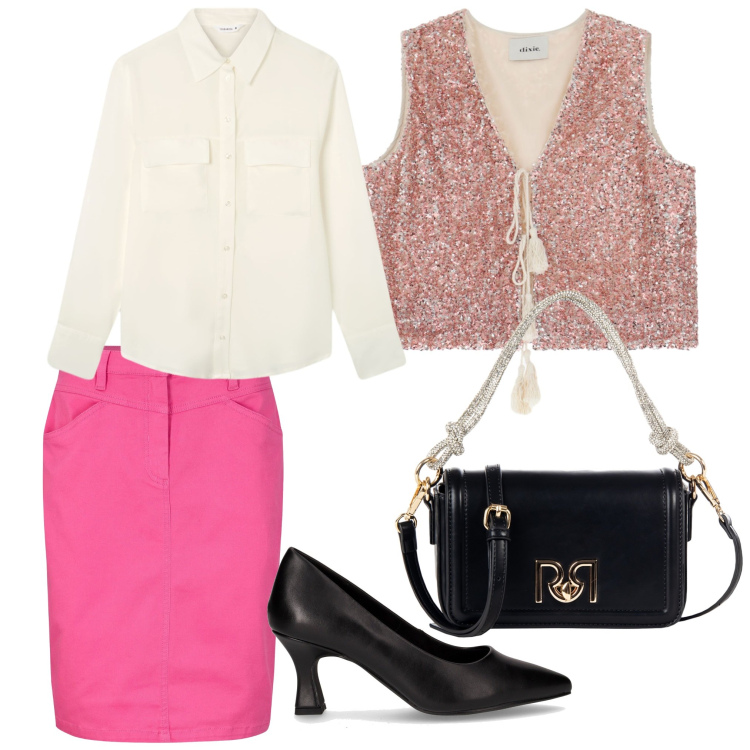 Outfit donna - Il gilet splendente. Stile Casual per Tutti i giorni. Abbinamento con gonne, camicie, borse a mano, gilet, décolleté.