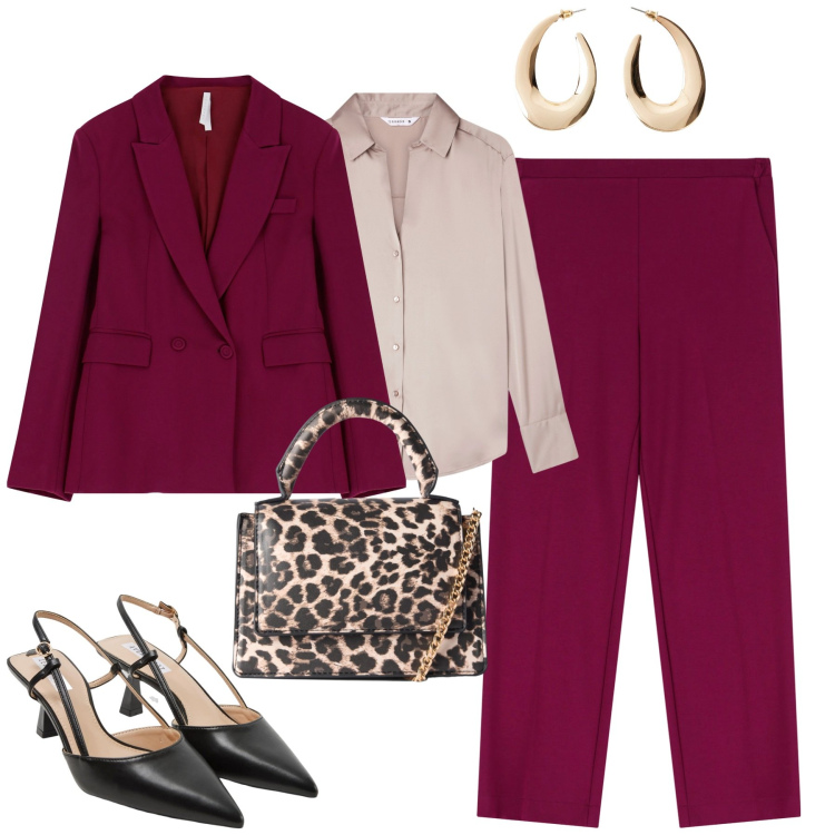 Outfit donna - Settembre. Stile Trendy per Tutti i giorni. Abbinamento con orecchini, sabot, borse a tracolla, camicie, pantaloni, blazer.