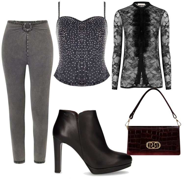 Outfit donna - La camicia in pizzo. Stile Glamour per Serata fuori. Abbinamento con top, borse a mano, camicie, jeggings, stivaletti.