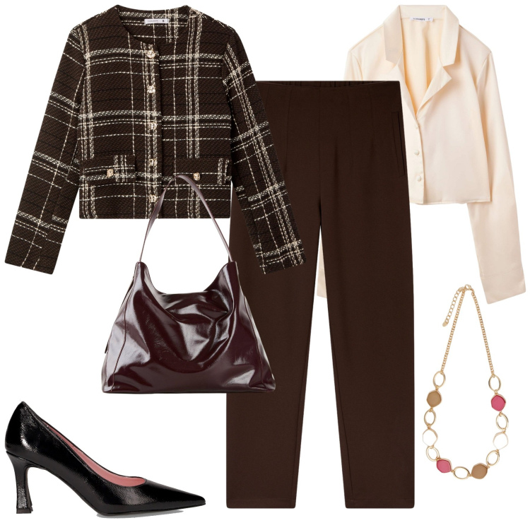 Outfit donna - In ufficio. Stile Urban per Ufficio. Abbinamento con shopping bag, camicie, blazer, pantaloni chino, décolleté, collane.