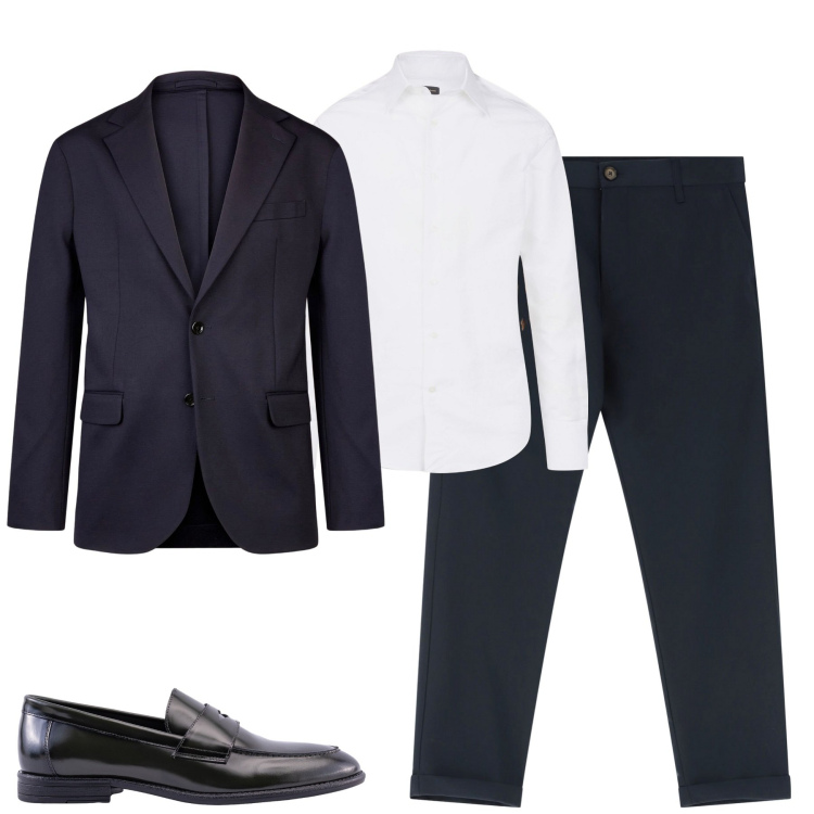 Outfit uomo - Blu. Stile Business/Elegante per Tutti i giorni. Abbinamento con pantaloni chino, camicie, giacche, scarpe stringate.